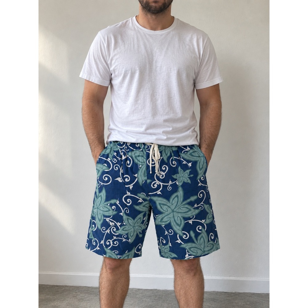 Maui Longboard Co Blue Floral Cotton Board Shorts Mens Large Tropical Hibiscus